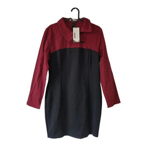 Red & Black Plaid Checkered  Mini Dress Long Sleeve Sz L Bodycon Mix Media